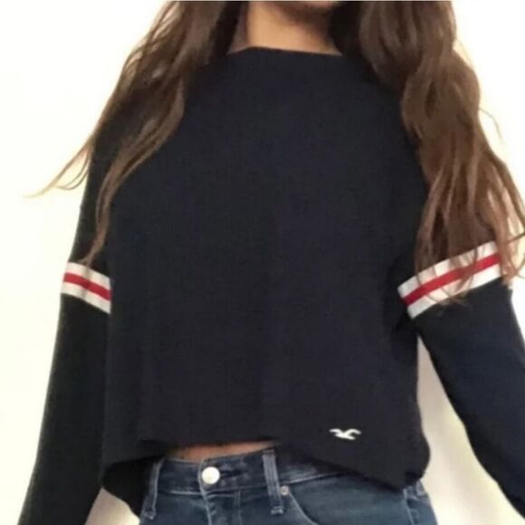 Hollister Navy Waffle-knit Long Sleeve Boyfriend Crop Crew with Varsity Stripes - Picture 2 of 16